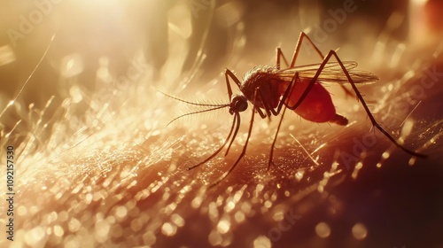 Mosquito Feeding on Human Skin at Sunset photo