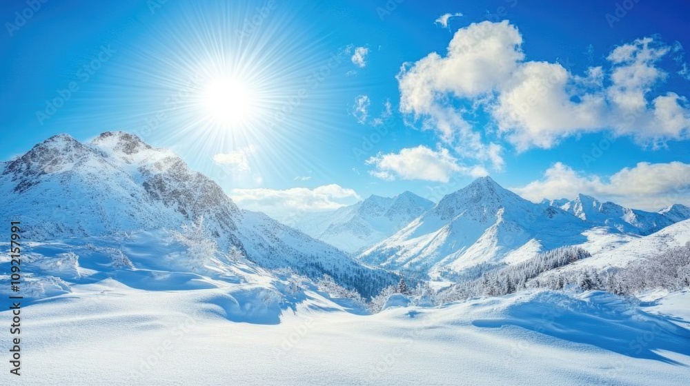 Obraz premium Snowy Mountain Majesty: A breathtaking panoramic view of snow-capped mountains under a vibrant blue sky, bathed in the radiant glow of the sun. The scene evokes a sense of serenity and wonder. 