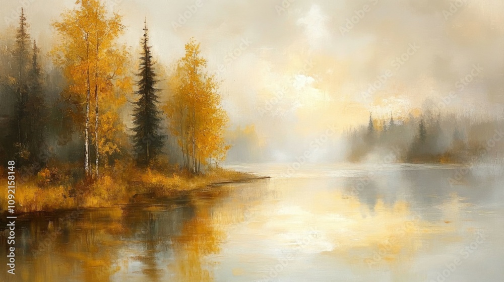 A Tranquil Forest Scene Reflected in a Still Lake at Dawn A Tranquil Forest Scene Reflected in a Still Lake at Dawn