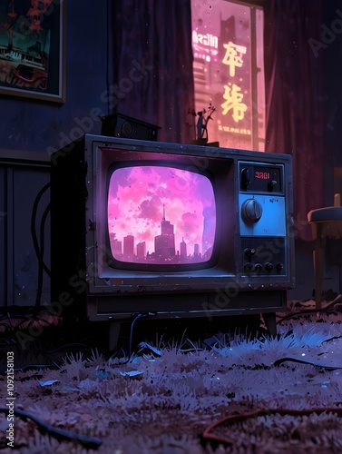 In a darkly lighted room with a haze of smoke and weird, pulsing lights, an old television set from the 1980s lies on a dirty, beige carpet.