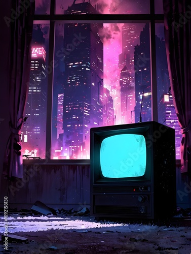 In a darkly lighted room with a haze of smoke and weird, pulsing lights, an old television set from the 1980s lies on a dirty, beige carpet.