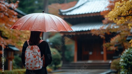 Wallpaper Mural A young woman in a furisode kimono holding an umbrella, standing near a traditional Japanese temple, highlighting the grace and cultural heritage of Coming of Age Day Torontodigital.ca