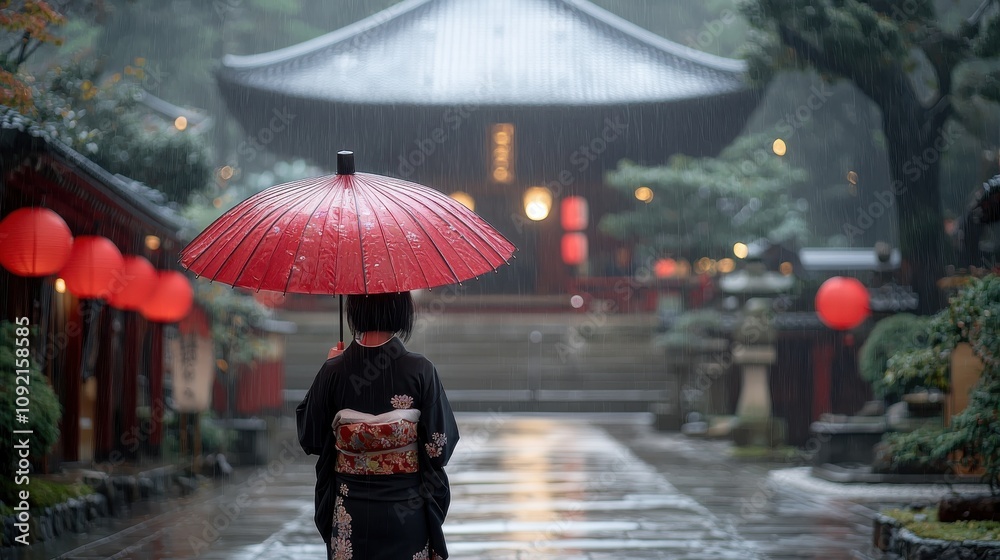 Obraz premium A young woman in a furisode kimono holding an umbrella, standing near a traditional Japanese temple, highlighting the grace and cultural heritage of Coming of Age Day