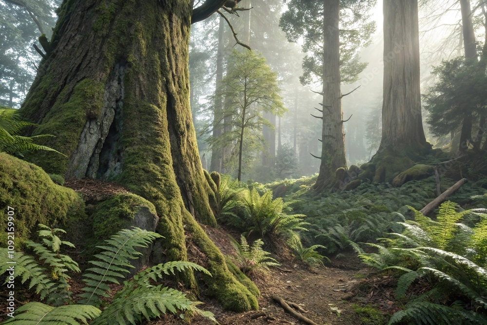 Fototapeta premium Ancient tree trunks covered with giant ferns and moss, , tropical forest ecology, Malaysia's ancient trees