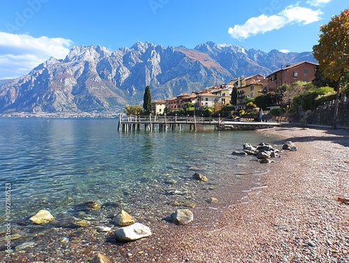 Scenic lakeside view with mountains, homes, and a pebbly beach.