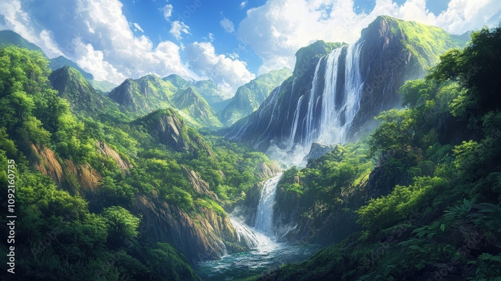 Majestic waterfall cascading down mountain nature high fidelity image lush environment aerial view gigapixel quality Majestic waterfall cascading down mountain nature high fidelity image lush environment aerial view gigapixel quality