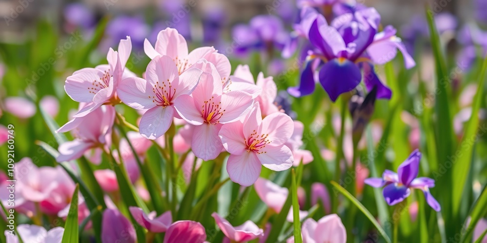 A colorful mix of pink cherry blossom petals and purple irises in a lush spring landscape, natural beauty, A colorful mix of pink cherry blossom petals and purple irises in a lush spring landscape, natural beauty,