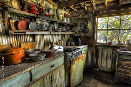 Rustic kitchen with vintage cookware and weathered cabinets lit by natural sunlight photo