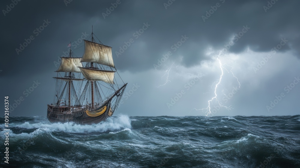 Fototapeta premium Epic pirate ship adventure stormy seas high-fidelity artwork ocean environment dramatic viewpoint gigapixel concept
