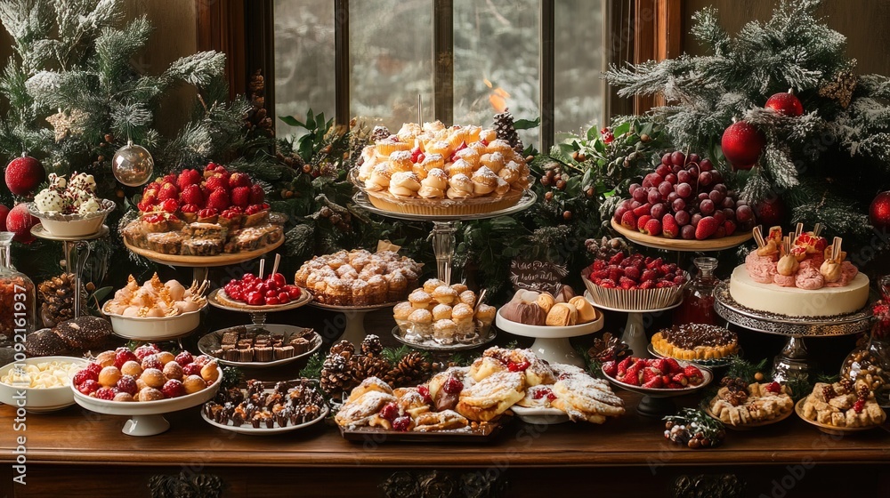 A beautifully arranged dessert table is filled with various festive