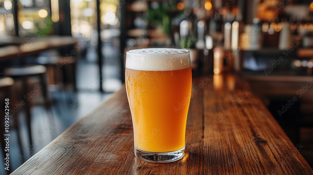 A frosty glass of beer sits on a wooden table A frosty glass of beer sits on a wooden table