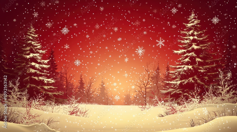 Red Christmas background with snowflakes and trees Red Christmas background with snowflakes and trees