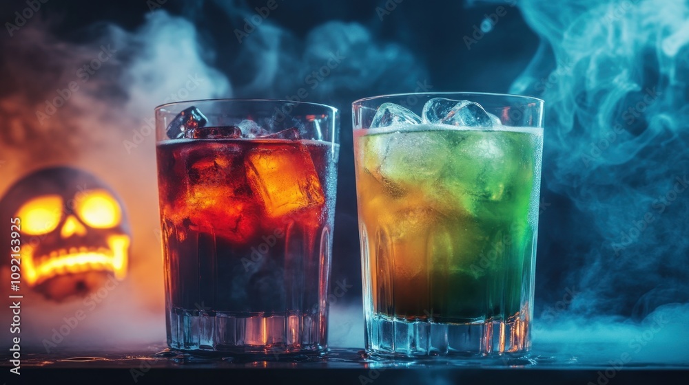 Two colorful cocktails with ice, surrounded by smoke and a Halloween-themed background. Two colorful cocktails with ice, surrounded by smoke and a Halloween-themed background.
