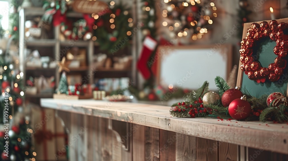 A shop display in Christmas and New Year decorations theme with a blank wooden countertop and white signs for product, promotion, and advertisement. Warm brown, red, and green color tone. A shop display in Christmas and New Year decorations theme with a blank wooden countertop and white signs for product, promotion, and advertisement. Warm brown, red, and green color tone.