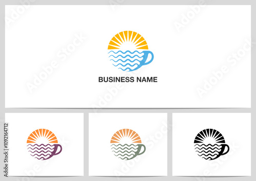 Coffee Teacup Sea Waves Sunlight Logo Design