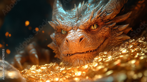 An old dragon hoarding gold guards the gold in the cave