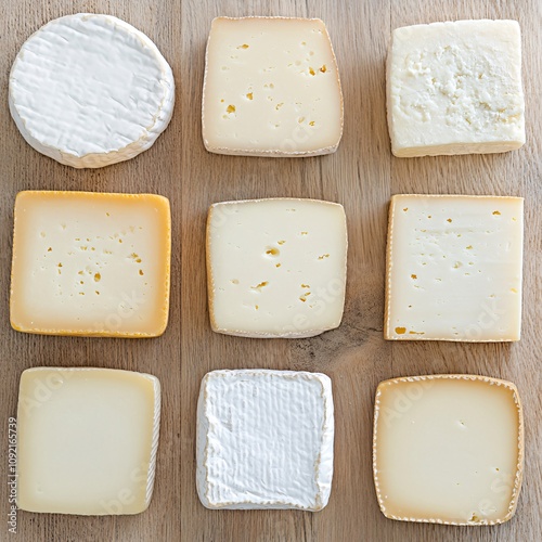 2409_104.An assortment of whole, uncropped artisanal cheese platter on  rustic wood background, view from above, showcasing diverse varieties, arranged with space around each artisanal cheese photo