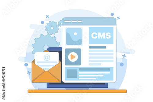Content management system administration concept cms. CMS. Blog, Blogger. Freelancing. Creative writing. Script writing. Content vector illustration for web landing page template, banner, flyer.