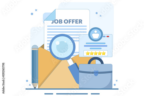 Job offer concept, recruitment search, starting a career, vacancies. We are recruiting poster. receive email letter with job offer. Recruitment search. Flat vector illustration.