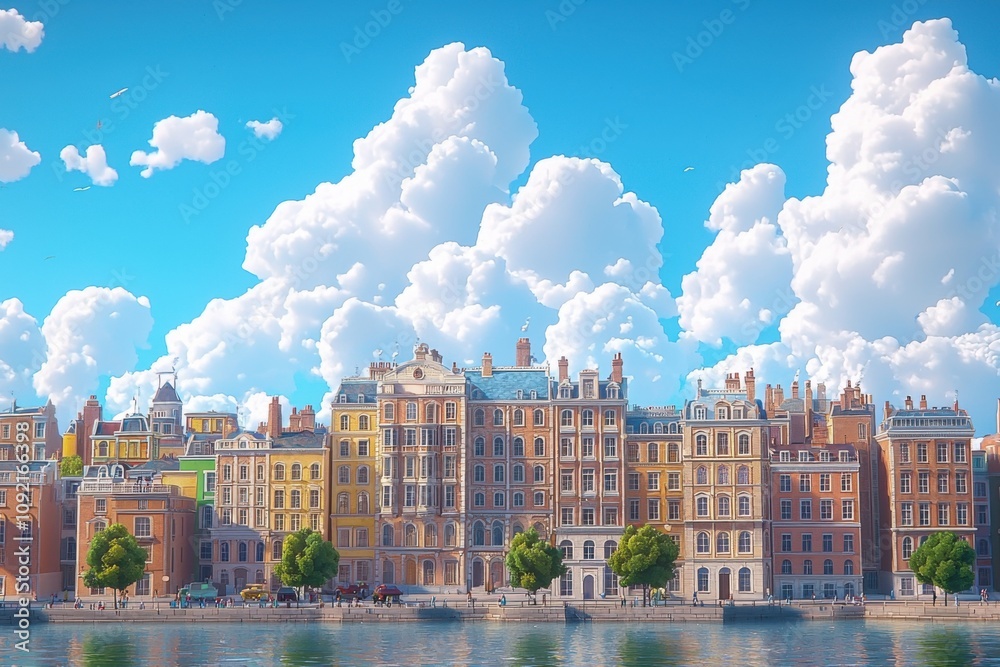Fototapeta premium Sunny Cityscape Waterfront Buildings Blue Sky Fluffy Clouds