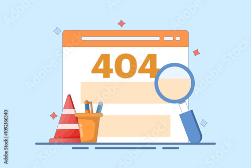 Concept of 404 error, page not found, security service warning message. Studying question mark inside text 404 with magnifying glass, examining the cause of web page crash. Vector illustration.
