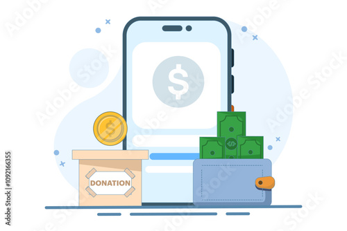 Cash donation concept. putting coins in donation box and donating with online payment card. Social assistance. Financial support and fundraising. Flat vector illustration.