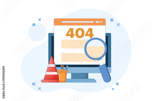 Concept of 404 error, page not found, security service warning message. Studying question mark inside text 404 with magnifying glass, examining the cause of web page crash. Vector illustration.