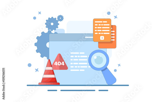 Concept of 404 error, page not found, security service warning message. Studying question mark inside text 404 with magnifying glass, examining the cause of web page crash. Vector illustration.