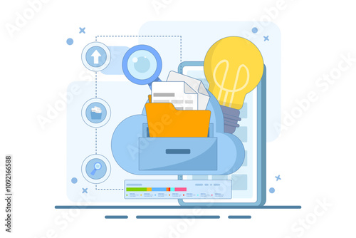 Electronic document management concept. File management administration. Organizing documents into archive folders. File management and administrative work. Flat vector illustration on background.