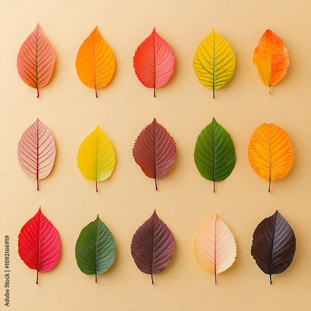 Fototapeta premium 2409_037.An assortment of whole, uncropped colorful autumn leaves on warm ochre background, view from above, showcasing diverse varieties, arranged with space around each colorful autumn leaves,