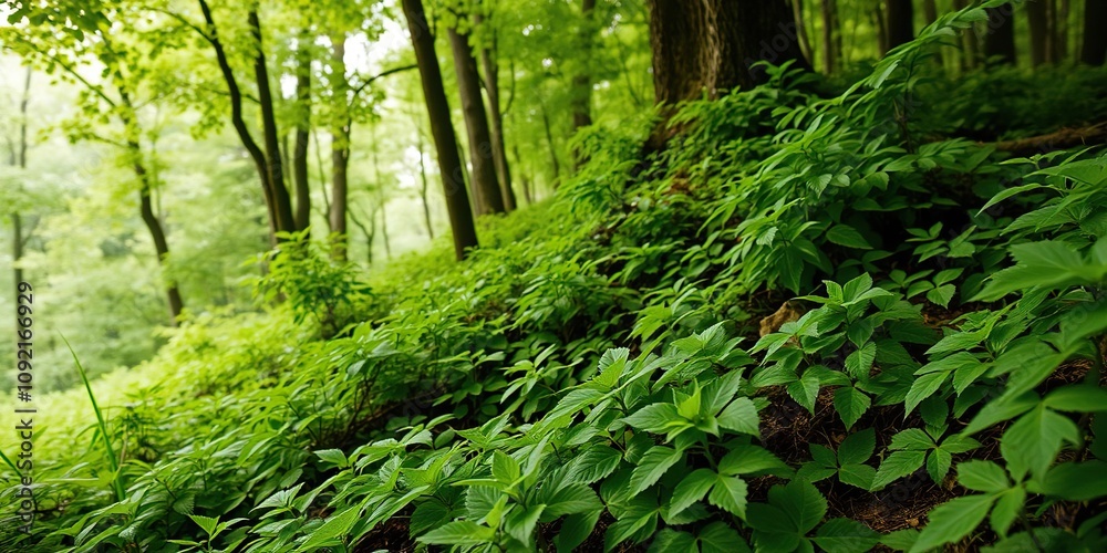 Obraz premium lush green foliage on a forest floor, underbrush, trees