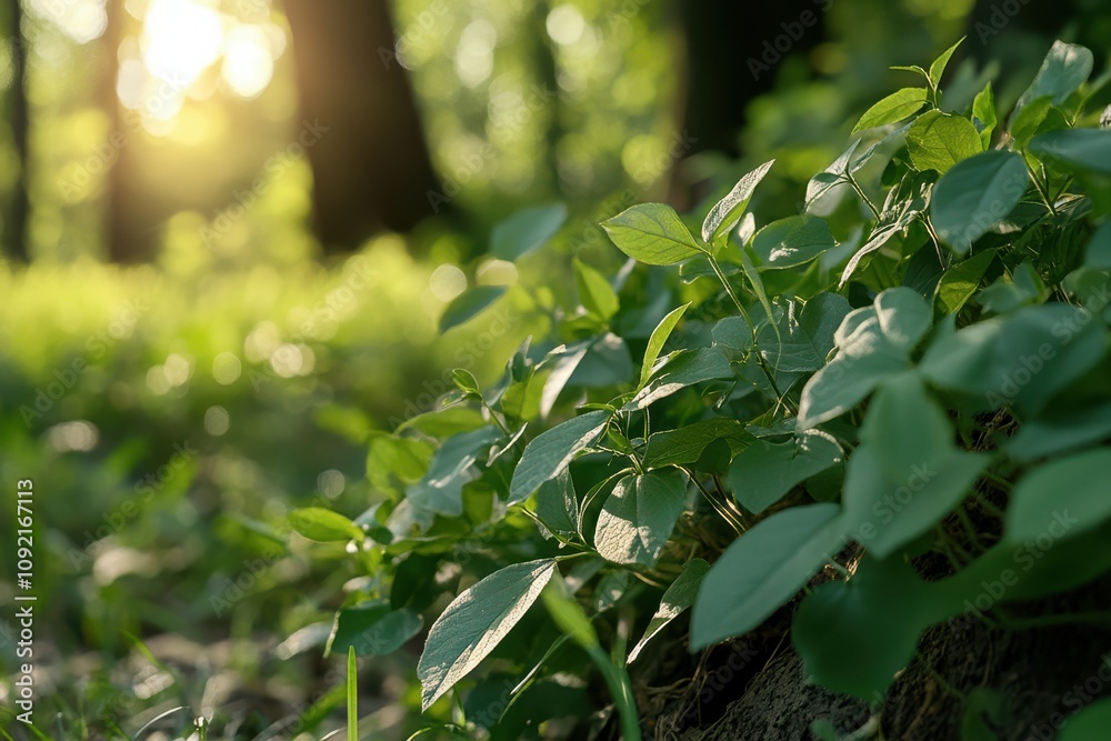 Obraz premium Sunlight filters through verdant forest leaves, casting a golden glow on delicate undergrowth in a serene woodland setting.