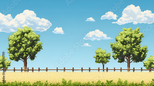 8-bit pixel art side view of a field with a fence, trees, and blue sky, featuring white clouds in a 2D platformer side-scroller level design. photo