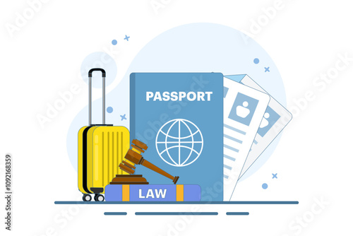 Immigration law concept. Law book with passport, visa, suitcase, scales of justice, judge's gavel. Emigration and immigration. Modern flat style for landing page, mobile app, web banner, infographics.