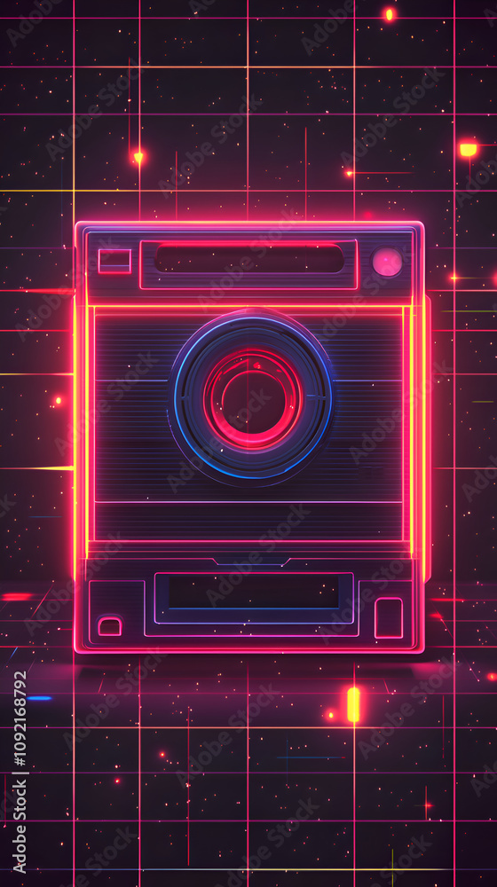 Fototapeta premium Retro Neon Camera in Artistic Photography with Vibrant Colors and 1980s Aesthetic