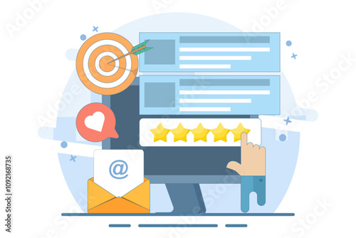 Concept of Best quality, Highest value, Online customer rating and reviews, Product and service rating, Hand click, top rating, reputation system program. Flat vector illustration on background.