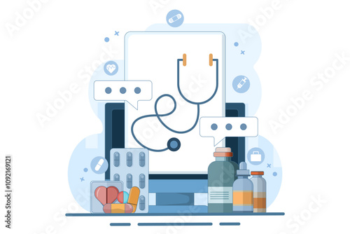 Online health telemedicine concept. Online medical health consultation and treatment via internet clinic mobile application connected to computer. Online doctor consultation. Flat illustration.