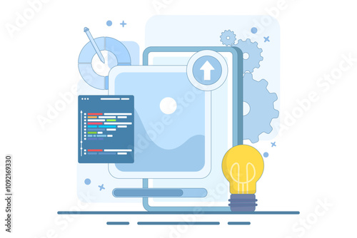 Web Design Concept, ui ux and programmer with computer, software development, Design and programming, App design, Coding, Web development. flat vector illustration on background.