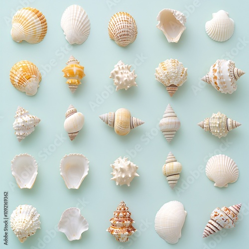 2409_039.An assortment of whole, uncropped exotic seashells on pale aqua background, view from above, showcasing diverse varieties, arranged with space around each exotic seashells, editorial