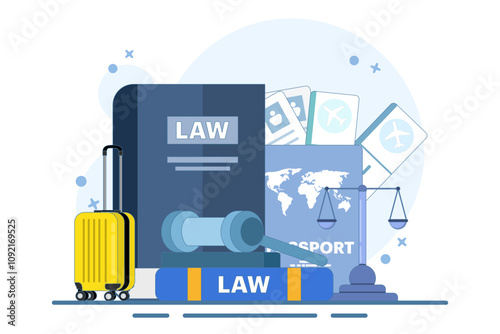 Immigration law concept. Law book with passport, visa, suitcase, scales of justice, judge's gavel. Emigration and immigration. Modern flat style for landing page, mobile app, web banner, infographics.