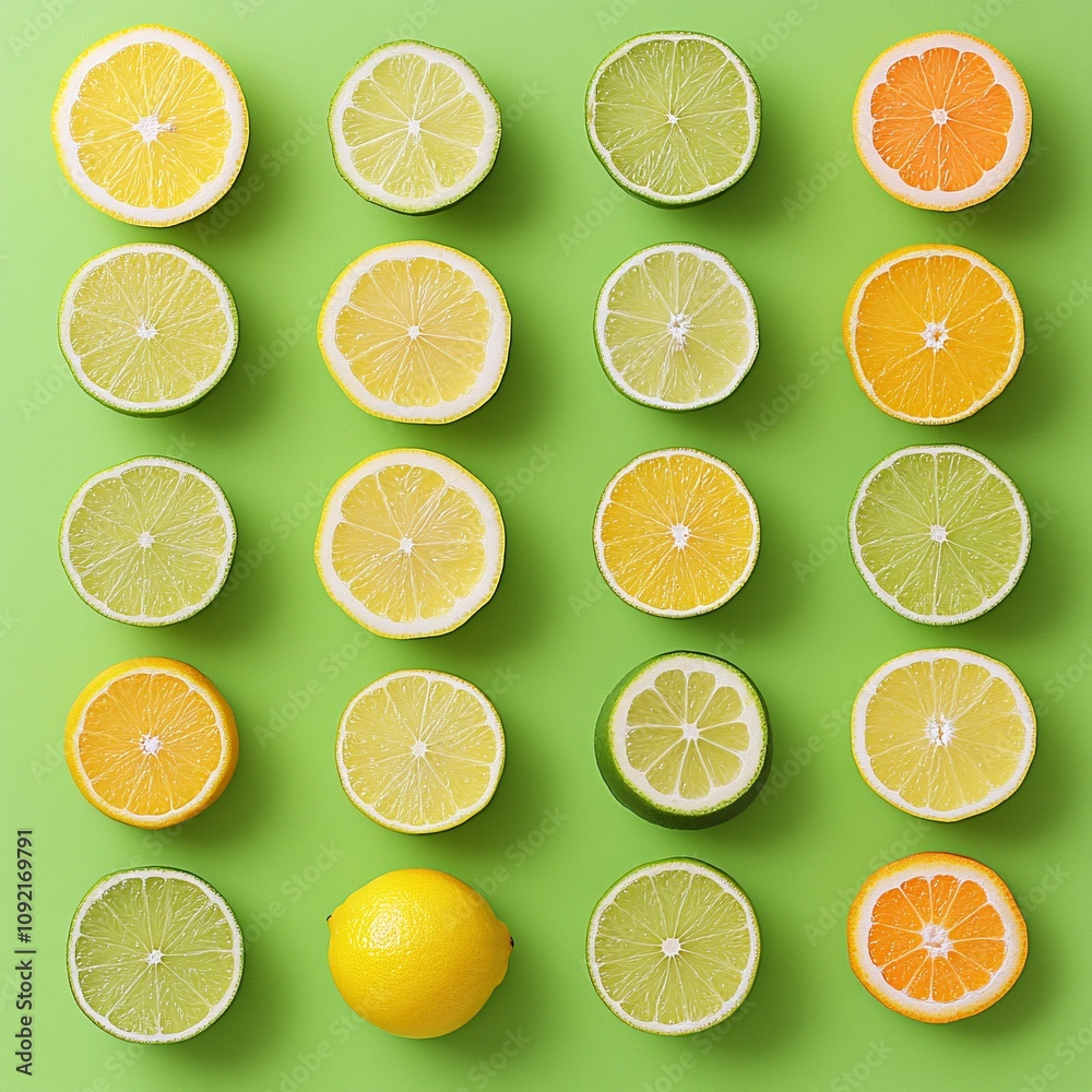 Obraz premium 2409_122.An assortment of whole, uncropped fresh citrus fruit halves on zesty lime background, view from above, showcasing diverse varieties, arranged with space around each fresh citrus fruit