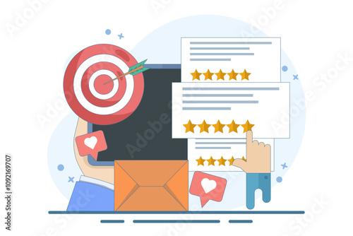 Concept of Best quality, Highest value, Online customer rating and reviews, Product and service rating, Hand click, top rating, reputation system program. Flat vector illustration on background.