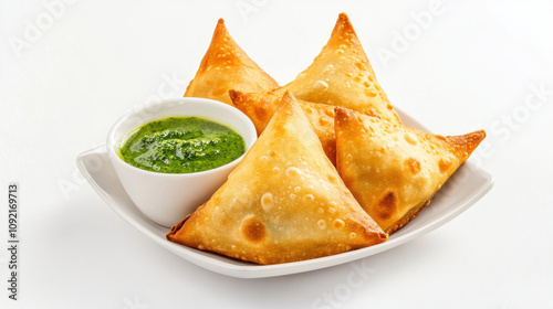 Crispy golden brown samosas served with vibrant green chutney, perfect for snacking. Enjoy delightful flavors and textures of this popular Indian dish!