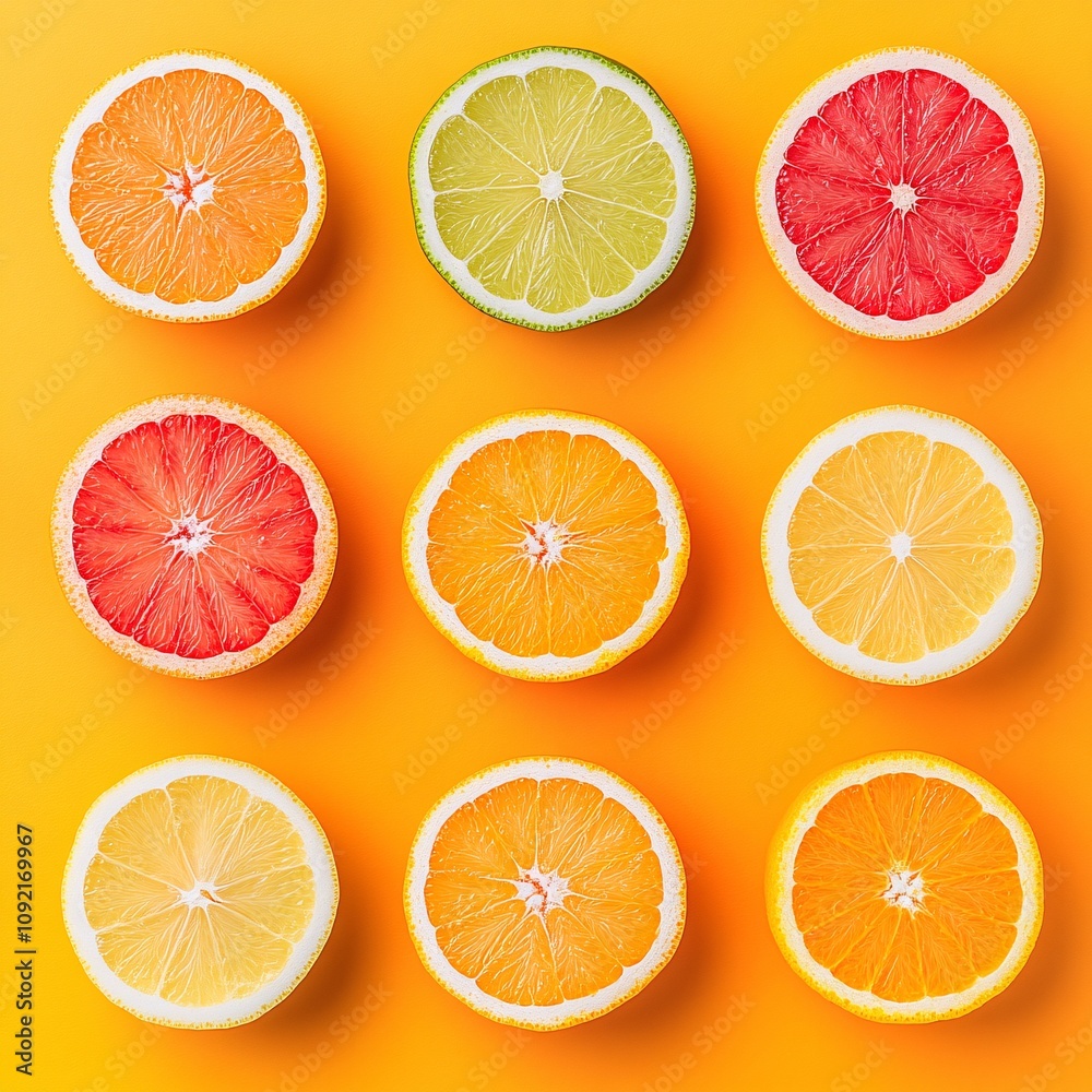 Fototapeta premium 2409_068.An assortment of whole, uncropped fresh citrus slices on zesty orange background, view from above, showcasing diverse varieties, arranged with space around each fresh citrus slices,