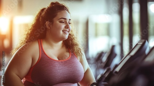 Overweight girl working out with joy, focused on her fitness goals photo