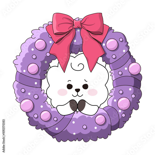 BT21 member RJ cute appearance in the middle of a purple Christmas wreath decorated with pink ribbons and tree balls. 핑크색 리본과 트리볼로 장식된 보라색 크리스마스 리스 가운데에 있는 BT21 멤버 알제이의 귀여운 모습