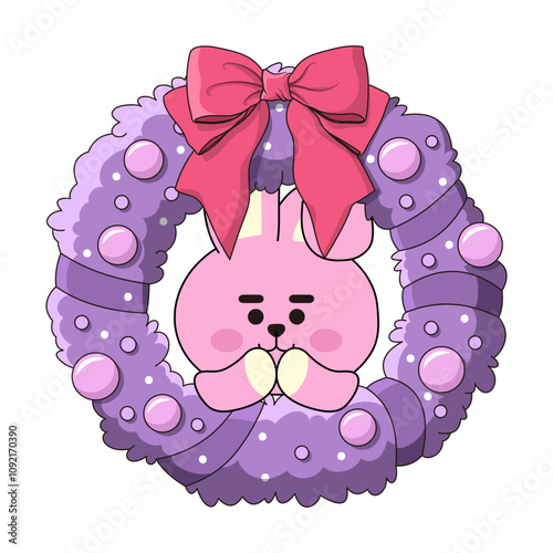 BT21 member COOKY cute appearance in the middle of a purple Christmas wreath decorated with pink ribbons and tree balls. 핑크색 리본과 트리볼로 장식된 보라색 크리스마스 리스 가운데에 있는 BT21 멤버 쿠키의 귀여운 모습