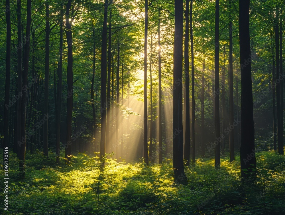 Obraz premium Discovering tranquility sunlight filtering through trees in a serene forest scene