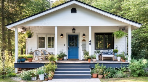 Small White Wooden House or Cottage with Flowers on Front