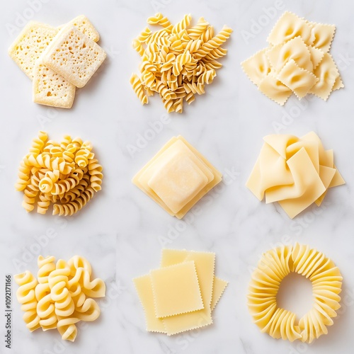 2409_096.An assortment of whole, uncropped fresh pasta shapes on light marble background, view from above, showcasing diverse varieties, arranged with space around each fresh pasta shapes, editorial